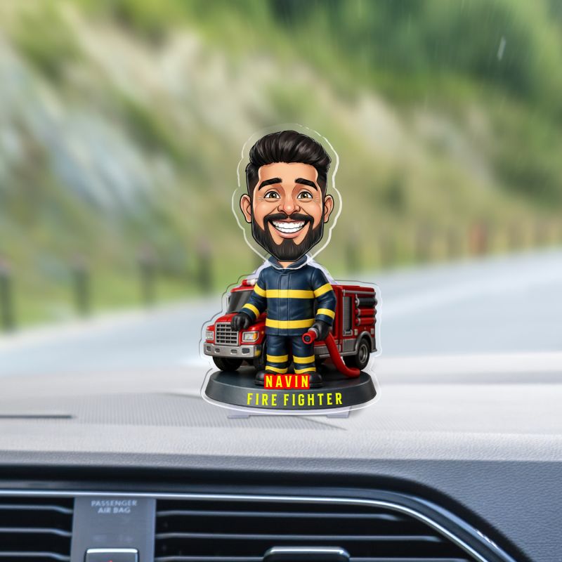 Personalized Firefighter Theme Caricature with Fire Truck Design Custom with Face Cutout & Name Truck Dashboard Decor Gift for Firemen Solar Powered Moving Head